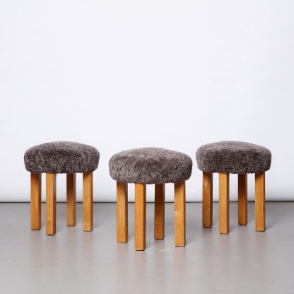 Set of 3 Swedish Modern Stools in Sahara Sheepskin, 1940s