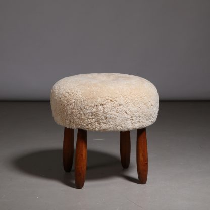 Round Danish Stool in Light Sheepskin, 1940s